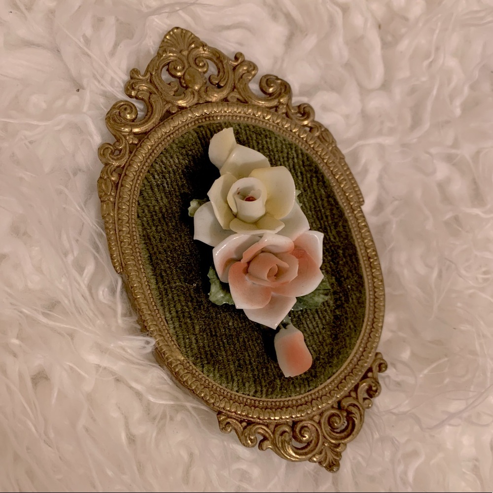 Vintage FBAI Small Porcelain Flower Mounted in Ornate Gilt Hanging Frame